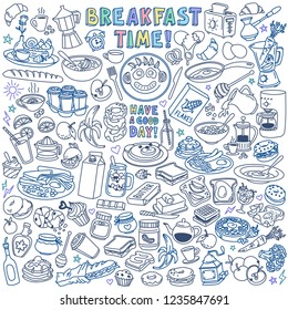 Breakfast food and drinks doodle set. Hand drawn vector illustration isolated on white background.	