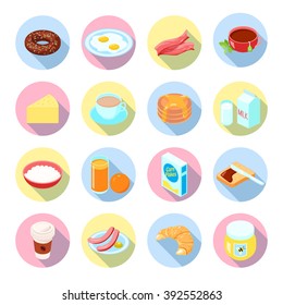 Breakfast food and drinks flat icons set with tea juice coffee porridge bacon in circles isolated vector illustration
