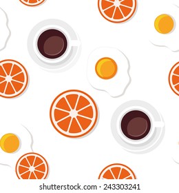 Breakfast food and drinks in flat style vector pattern