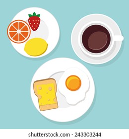Breakfast food and drinks in flat style vector illustration 