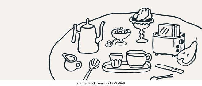 Frühstück und Getränke auf dem Tisch. Morgen serviert in handgezeichneter Skizze doodle Stil. Kaffee, Toasts in Toaster, Tasse, Snacks, Kritzelei. Kontur Umriss flache Vektorgrafik