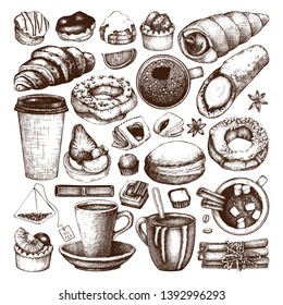 Breakfast food and drinks set. Hand drawn coffee and pastries illustrations. Fast food sketches in engraved style.  Vector cafe or bakery design elements. Vintage hot drinks and desserts collection.