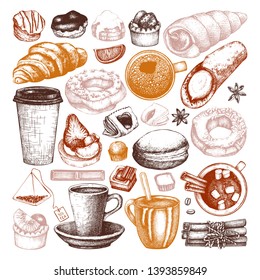 Breakfast food and drinks set. Hand drawn coffee and pastries illustrations. Fast food sketches in engraved style.  Vector cafe or bakery design elements. Vintage hot drinks and desserts collection.