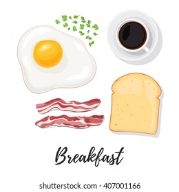 Breakfast food. Egg, scrambled eggs, bacon, bread toast, herbs and coffee. Sunny side up eggs top view. Vector illustration isolated on white background for web design or brochure printing
