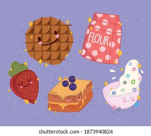 breakfast food fresh cartoon cute biscuit strawberry sandwich milk cereal vector illustration