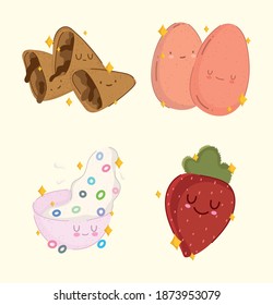 breakfast food fresh cartoon cute boiled eggs strawberry cereal and chocolate cookies vector illustration