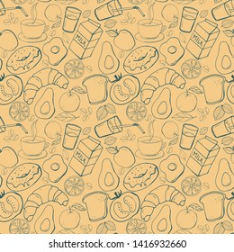 Breakfast food and good morning doodle background. Vector sketch freehand illustration