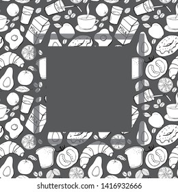 Breakfast food and good morning doodle background. Vector sketch freehand illustration. Square frame