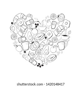 Breakfast food and good morning doodle background. Vector sketch freehand illustration, Heart shape composition
