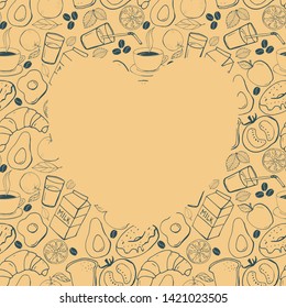 Breakfast food and good morning doodle background. Vector sketch freehand illustration. Heart shape frame