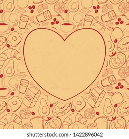 Breakfast food and good morning doodle background. Vector sketch freehand illustration. Heart shape frame