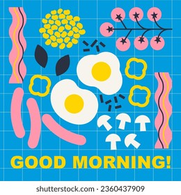 Breakfast food. Healthy food set. Fried egg, bacon, veggies, sausages and herbs vector illustration. Good morning poster. Top view. Scandinavian design. Flat trendy abstract style. Isolated elements.