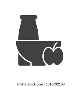 Breakfast food icon. flat simple pictogram. Milk bottle, bowl and apple fruit vector illustration