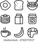 Breakfast Food Icon Set Vector Illustration with Egg, Bread, Pancakes, Coffee, and Croissant