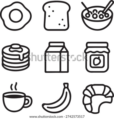 Breakfast Food Icon Set Vector Illustration with Egg, Bread, Pancakes, Coffee, and Croissant