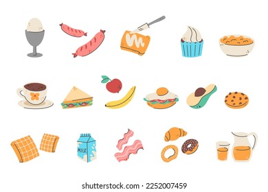 Breakfast food icons. Brunch meal. Avocado sandwich. Egg and croissant. Bread toast. Juice glass. Apple and banana. Porridge bowl. Isolated snacks set. Vector doodle garish illustration