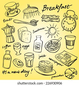 Breakfast food and icons doodle set
