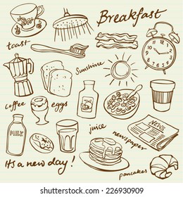 Breakfast food and icons doodle set