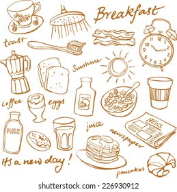 Breakfast food and icons doodle set