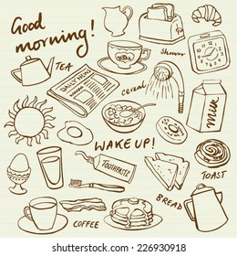 Breakfast food and icons doodle set