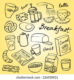 Breakfast food and icons doodle set