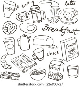 Breakfast food and icons doodle set