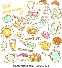 Breakfast food and icons doodle set