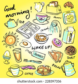 Breakfast food and icons doodle set