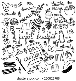 Breakfast food and icons doodle set. Hand drawn vector elements.