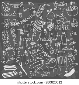 Breakfast food and icons doodle set. Hand drawn vector elements.