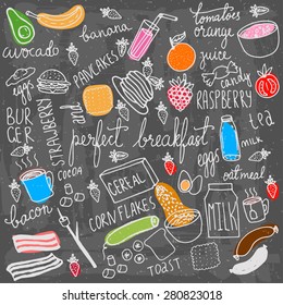 Breakfast food and icons doodle set. Hand drawn vector elements.