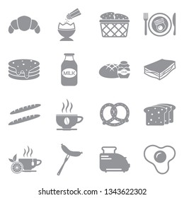 Breakfast Food Icons. Gray Flat Design. Vector Illustration.