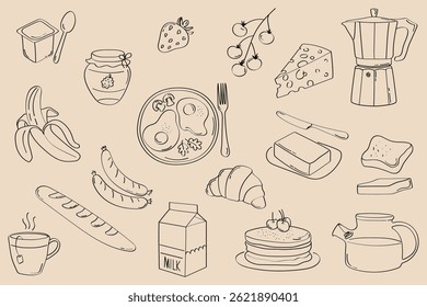 
Café da manhã ícones de comida em estilo desenhado à mão. Coleção de pratos de café da manhã em estilo de arte de linha. Inclui leite, ovos, chá, café, salsichas, frutas, torradas e panquecas. Adequado para marca de café, receita