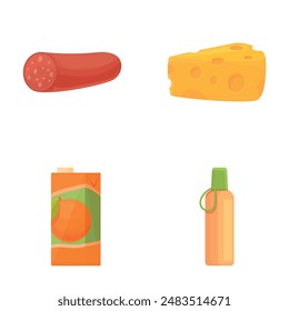 Breakfast food icons set cartoon vector. Sausage, cheese piece and orange juice. Nutrition concept