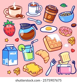 Breakfast Food Icons Set Cartoon Vector Icon Illustration. Food 
Object Icon Concept Isolated Premium Vector. Flat Cartoon 
Style 