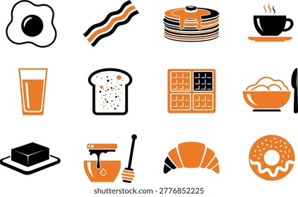 Breakfast food icons set with egg bacon pancakes coffee orange juice