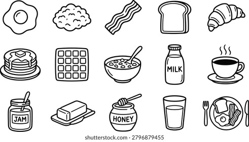 Breakfast food icons set featuring eggs bacon pancakes waffles coffee and various morning meal options in a black line style