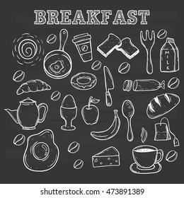 breakfast food or icons using doodle art on chalkboard background