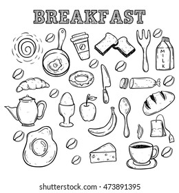 breakfast food or icons using doodle art on white background