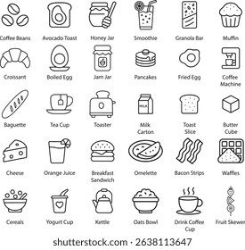 Breakfast Food Icons Vector Illustration, Outlined.