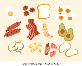 Breakfast Food Illustration Collection. A collection of 12 hand-drawn breakfast food elements, including eggs, bread, and fruit slices, perfect for cozy and culinary designs