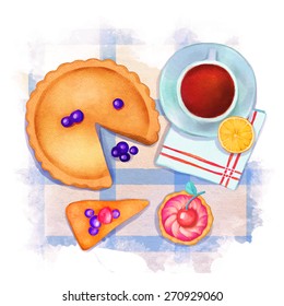 Breakfast food illustration. Cup of tea, lemon slice, napkin, pie with mix berries, piece of pie, cake, cupcake with cherry, checkered tablecloth isolated on white background. Top view