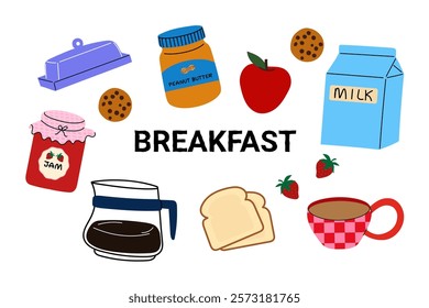 Breakfast food illustration, flat cartoon style – coffee, toast, jam, milk, peanut butter, apple, cookies, and strawberries. Perfect for breakfast-themed designs.