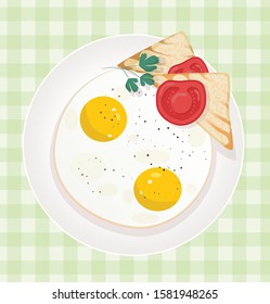 Breakfast food illustration. Plate,  egg, tomato, parsley and toasts isolated on white background. Top view.