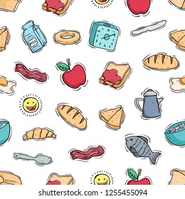 breakfast food illustration in seamless pattern with colored doodle style
