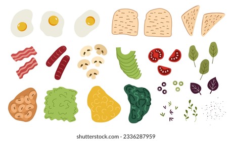 El desayuno se compone de ingredientes de comida, objetos vectoriales. Elementos de diseño de verduras, pan, tocino, huevos de estilo plano.