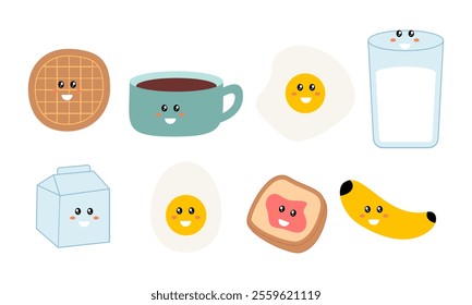 Breakfast Food Kawaii Doodle Set Vector Illustration