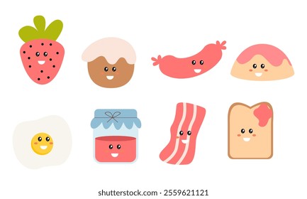 Breakfast Food Kawaii Doodle Set Vector Illustration