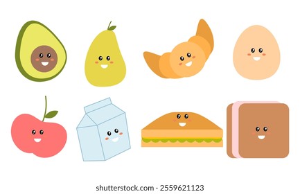 Breakfast Food Kawaii Doodle Set Vector Illustration