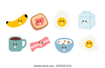 Breakfast Food Kawaii Doodle Set Vector Illustration